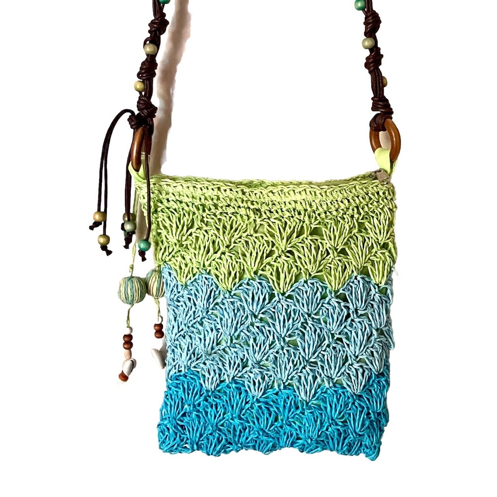 Y2k Grannycore Hippie Cruise Club Purse Cross Body Woven Straw Green Blue